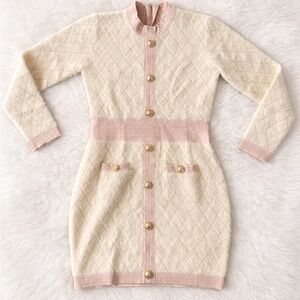 L'ATISTE Large Cream and Pink Long Sleeve Dress NWT